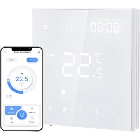 Thermostat Connecté WiFi Chauffage de l'eau Thermostats d'Ambiance Programmable Régulateur de Température Mural avec LCD Numérique Compatible 3A,Blanc (1/5)