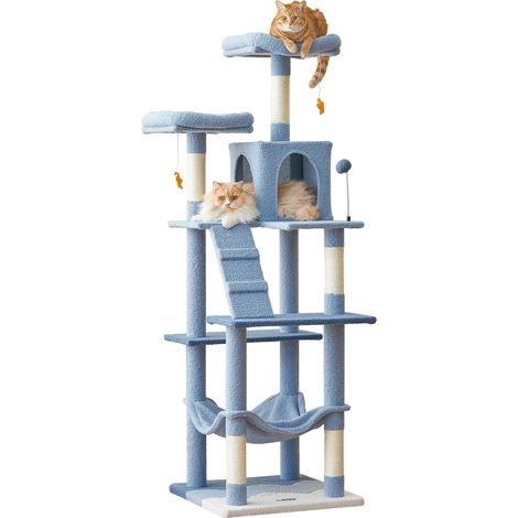 Grand arbre à chat de 178 cm de haut pour chats d'intérieur avec griffoirs recouverts de sisal, niche en peluche, grand perchoir rembourré, hamac confortable, bleu (1/5)