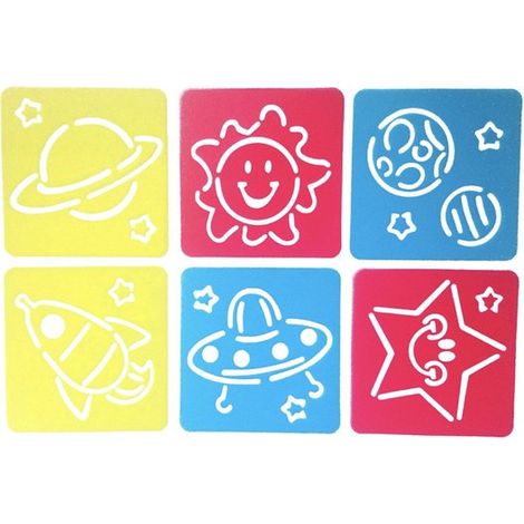 Lot de 6 pochoirs de dessin pour enfant - Motifs planète, soleil, lune, vaisseau spatial, OVNI, étoile - Cadeau Saint-Nicolas - Loisir créatif (1/5)