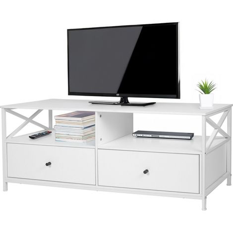 Relaxdays TV-Lowboard, 2 scomparti & 2 cassetti, per TV fino a 55 pollici, HBT: 50 x 120 x 40 cm, tavolo TV, bianco