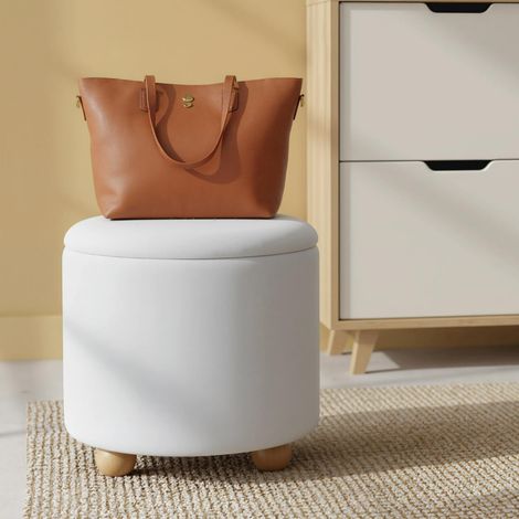 Pouf de Rangement Rond Repose-pieds en Tissu Chenille de 44,5 CM avec Couvercle Amovible Pieds en Bois Caoutchouc Charge 150KG Blanc (1/3)