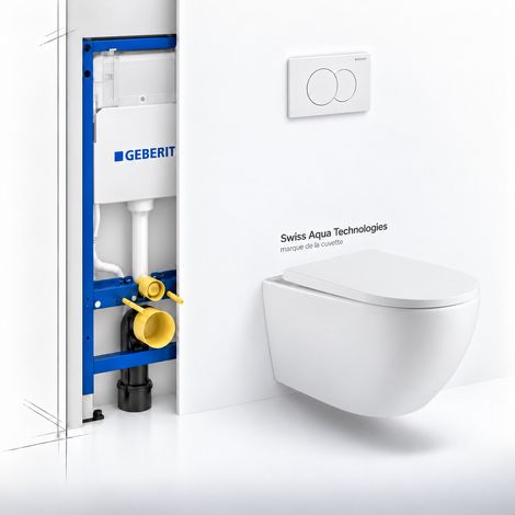 Pack WC bastidor y placa Geberit + inodoro SAT (5 años garantía) Vortex sin brida + asiento SoftClose