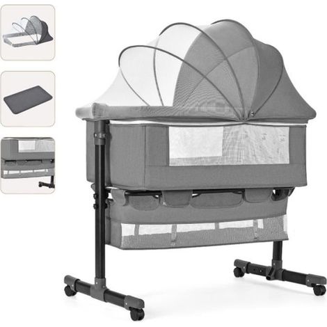 Lit Bébé Berceau Cododo - Gris - Hauteur Réglable - Matelas Moustiquaire Panier de Rangement Roues