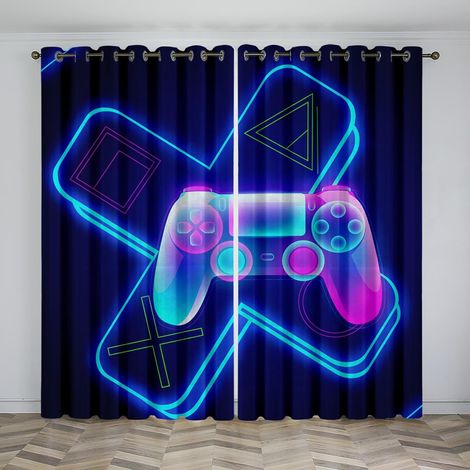 Rideaux à Oeillets pour Chambre d'enfant - Console de Jeu Néon Bleu 79X85 Pouces Rideaux 3D - Rideaux perforés Opaques d'intérieur - Isolation et réduction du Bruit - Applicable à la Chambre à Coucher (1/5)