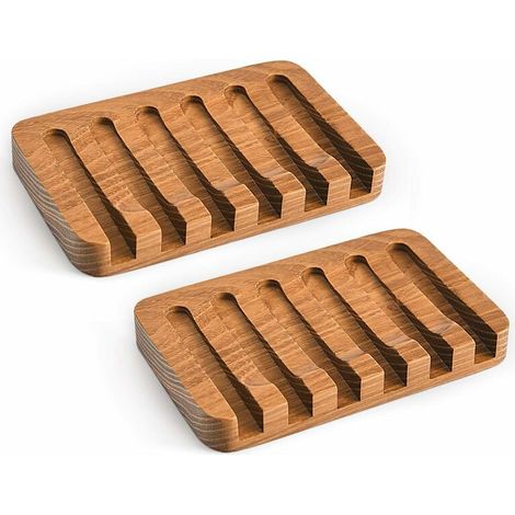 Porte-savon en bois pour salle de bain/douche, porte-savon en barre avec plateau auto-videur, économiseur de savon de vidange en cascade naturelle, lot de 2, teck (1/3)