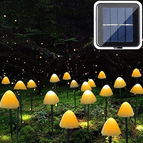 Champignon Guirlande Lumineuse Exterieur Solaire 5M, 20 LED Luminaires Solaires Champignon, 8 Modes Étanche Paysage Pathway Patio Stake Lumière Décoration Balcon pour Jardin Cour Noël, Blanc Chaud (1/5)