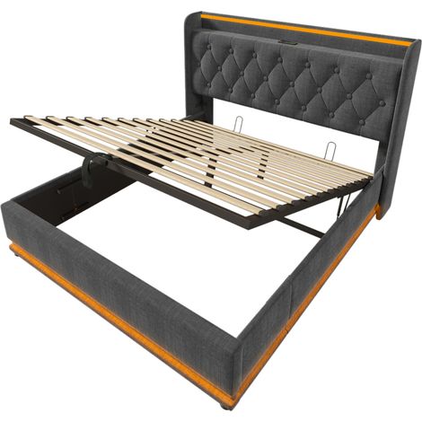 Cama canapé 160x200 cm gris de lino con LED 360°, USB-C y cabecero acolchado HOMVRA (1/5)