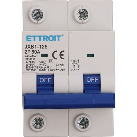 ETTROIT JX128060 INTERRUTTORE MAGNETOTERMICO 2P 80A 6KA 220V AC 2 MODULI GUIDA DIN (1/3)