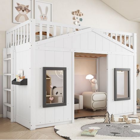 Litera infantil 90x200 cm blanca en madera de pino y MDF con escalera, barandillas y ventanas (1/5)