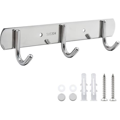 1 Barre de crochets, 3 crochets en acier inoxydable, design mural, antirouille, pour salle de bain, cuisine, chambre