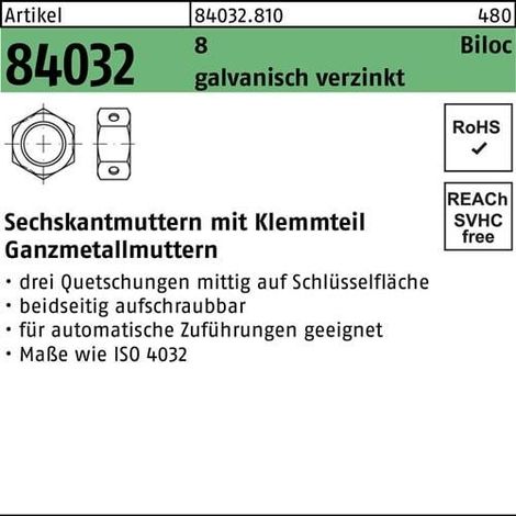 Ecrou hexagonal R 84032 Biloc pièce de serrage M12 8 galv. 500 pièces