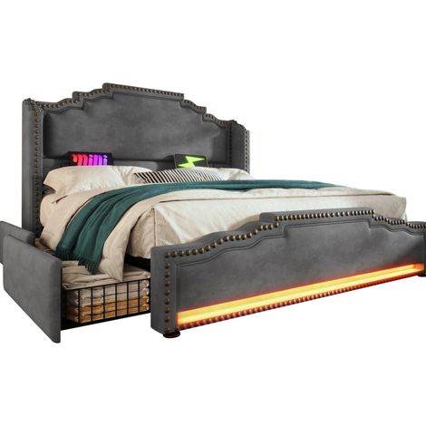 Cama doble 160x200 con 4 cajones, LED, puertos USB-C, terciopelo gris, somier incluido (1/5)