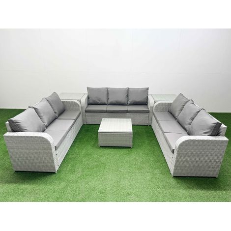 Fimous PE Rattan Lounge Sofa Set 9 Seater Outdoor Garden Furniture Set with Square Coffee Table 3 Seater Sofa 2 Side Table Light Grey (1/4)
