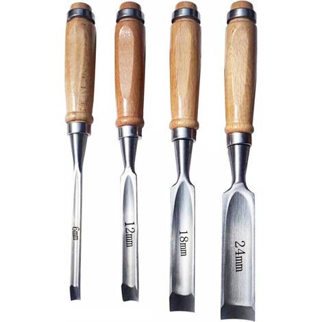 4 Pièces - Ciseau À Bois - Acier Cr-v - Pour Sculpture Et Ébénisterie - Poignée En Bois - Noir Et Argent - 6mm 12mm 18mm 24mm (1/5)