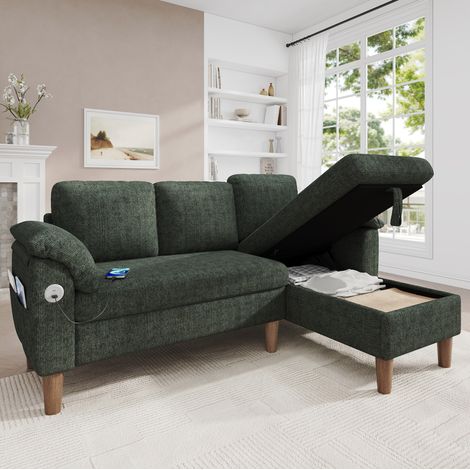 Sofá esquinero 3-4 plazas 181x125x88 cm, chaise longue reversible, USB/Type-C, almacenamiento, chenilla - verde (1/5)