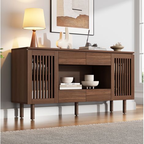 Credenza 140x35x71 cm in MDF noce, 4 cassetti e 2 ante, mobile contenitore MEUBLIV (1/5)