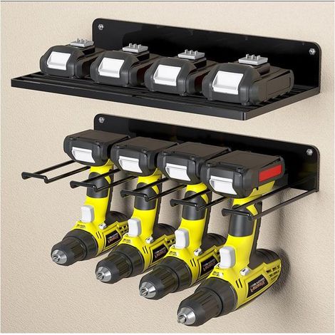 Support mural de rangement pour 4 outils électriques, idéal pour les garages et les ateliers de réparation automobile. Dimensions : 41 x 19 x 4,5 cm (1/5)