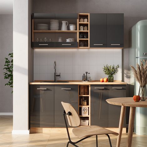 Cucina completa R-Line, Antracite lucido/oro power oak, 160 cm , PL Antracite, Vicco
