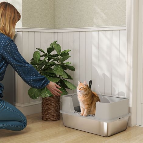 Litière 60x40x29,5 cm gris pour chat en acier inoxydable XL avec un bord haut, facile à nettoyer, résistante aux fuites (1/4)