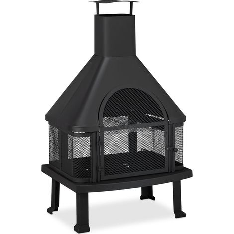 Cheminée de terrasse extérieure avec grille de cuisson 63 x 51 x 110 cm  pour soirées conviviales en acier noir (1/5)