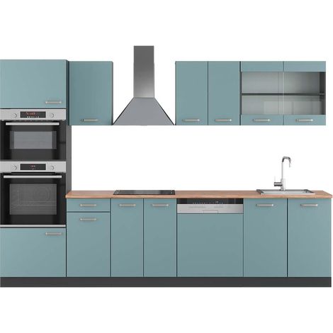 Küchenzeile R-Line, Blau-Grau/Anthrazit, 300 cm mit Hochschrank, AP Eiche, Vicco