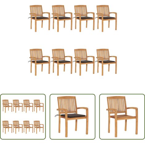 Teakholz -  Stapelbare Gartenstühle mit Kissen 8 Stk. Massivholz Teak (1/5)