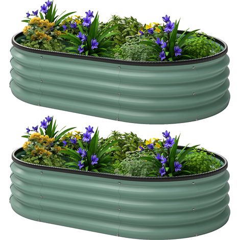 Lot de 2 Carrés potagers de jardin, 135 x 90 x 30 cm, jardinière en acier galvanisé avec bordures en caoutchouc, vert
