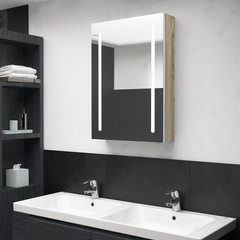 Armoire de salle de bain à miroir LED, Meuble de Rangement, Placard de Rangement Toilettes Blanc et chêne 50x13x70cm MJU40968 (1/5)