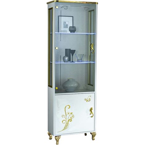 Vitrine à LED 2 portes bois vernis brillant blanc et doré Jade 60cm (1/3)