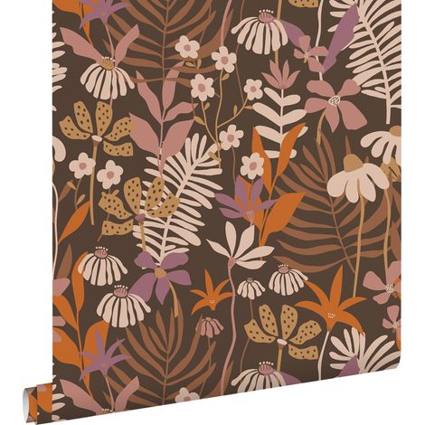 papier peint feuilles et fleurs tropicales marron, violet et multicolore - ESTAhome (1/5)