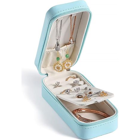 Mini petite boîte de rangement pour bijoux en cuir PU de voyage (bleu)
