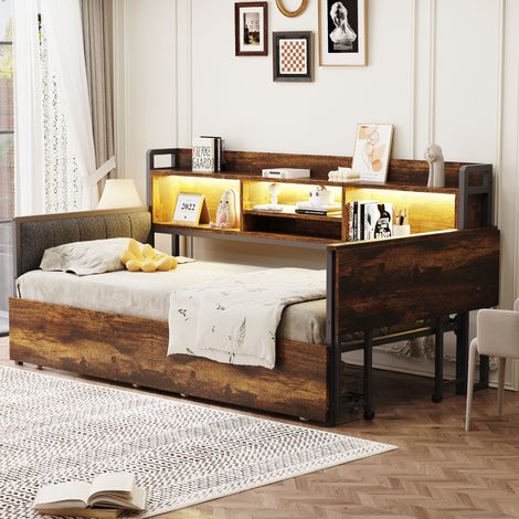 Cama individual multifunción 90x200 cm moderna, metal y madera natural, con LED, 2 cajones, escritorio abatible y enchufe (1/5)