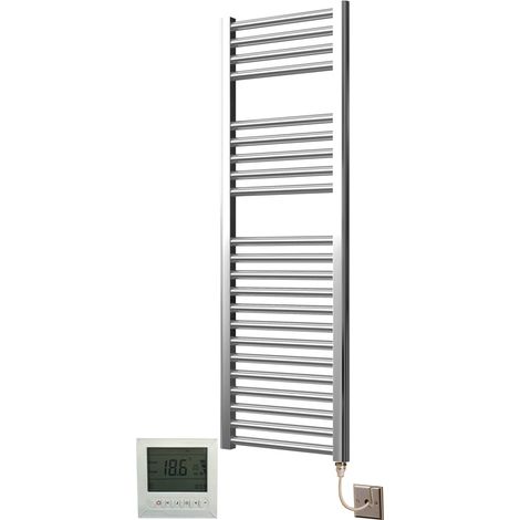 Extra High Heat Output Chrome Electric Towel Rail 400 x 1200mm Flat Bathroom Radiator Heater + 7 Day Timer/Thermostat