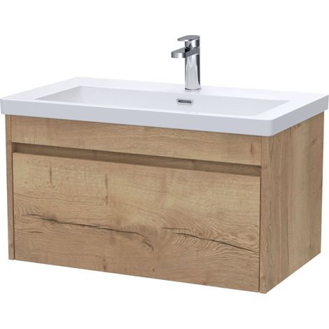 Swainsley Contemporary Wall Hung 1 Drawer Vanity Unit with 1 Tap Hole Contemporary Fireclay Basin, 800mm, Autumn Oak (1/4)
