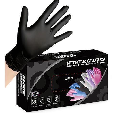 100 gants jetables en nitrile noir – Sans poudre – Usage unique – Non stériles – À base de caoutchouc (100, M) (1/2)