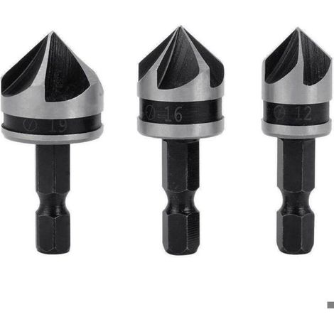 Fraise à chanfreiner 1/4" HCS 5 dents 12/16/19mm pour bois et métal (1/5)