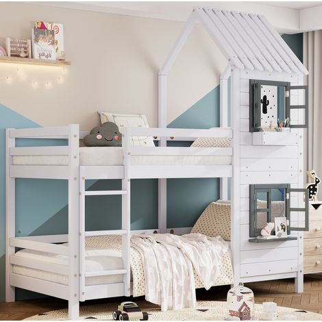 Letto a castello bambini 90x200 cm con sponde di sicurezza, tetto e finestra, struttura in pino, senza materasso, bianco (1/5)