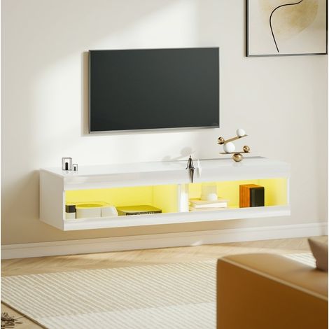 Mueble TV colgante 140 x 40 x 30 cm blanco brillo, madera con LED RGB (1/5)
