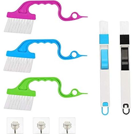 ZOLGINAH 2 cepillos ranurados con recogedor y 3 cepillos de limpieza para ventana, puerta corredera, herramienta de barrido, teclado, computadora, hogar, cocina con 2 ganchos adhesivos transparentes