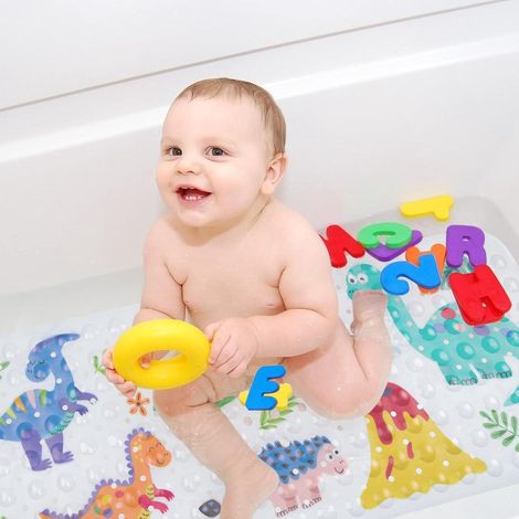 Tapis de bain antidérapant enfant motif dinosaure 100 x 40 cm, tapis de douche en PVC avec ventouses, protection contre les glissades pour baignoire, salle de bain et douche (1/5)