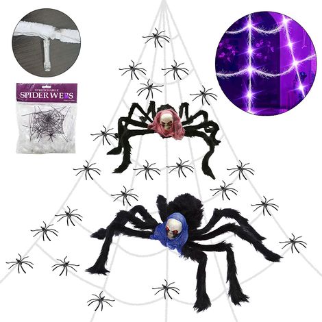 Toile d'araignée géante lumineuse LED violette 5m avec araignées et coton pour décoration effrayante Halloween extérieur et intérieur (1/3)