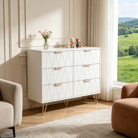 Commode 6 tiroirs, 100 x 34 x 72.5 cm, commode de rangement en bois, meuble de chambre avec rangement style contemporain