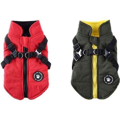 (L) Chaqueta roja y verde para perros con arnés para perros pequeños y medianos, XU, impermeable, cálida y acolchada, ideal para cachorros.-Crezuo