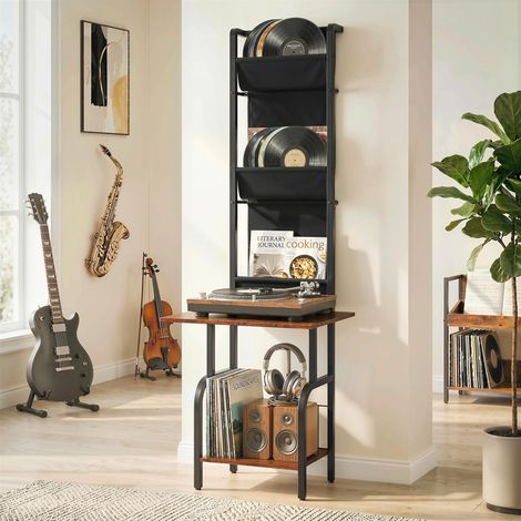 Étagère à CD industrielle, rangement pour CD, support pour DVD avec 3 poches en tissu et plateau de table, aspect bois rustique marron (1/5)