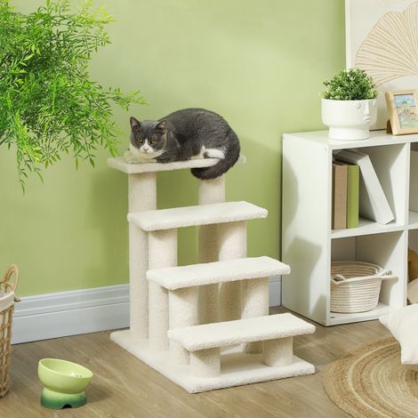 Kratzbaum-Treppe aus Plüsch und Spanplatte in Cremeweiß, 4 Ebenen, zum Kratzen und Klettern, 63,5x43x60 cm (1/5)