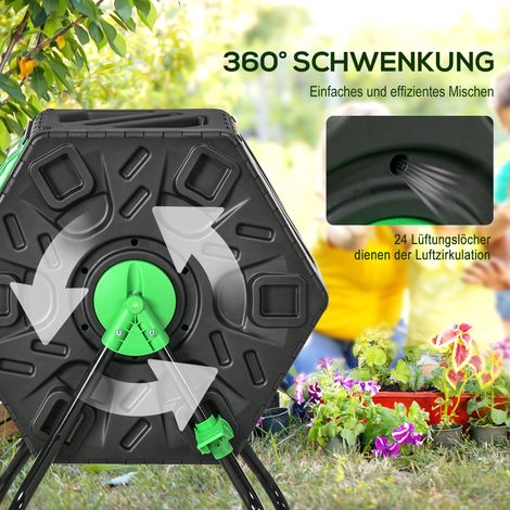 Composteur rotatif compact 65 litres, 24 trous de ventilation, acier et plastique, vert et noir (1/4)