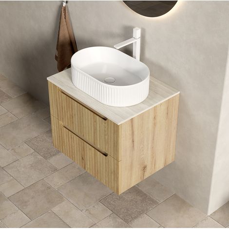 Meuble vasque suspendu 60x46x62,2 cm en contreplaqué blanc et chêne clair, 2 tiroirs – MEUBLIV (1/5)