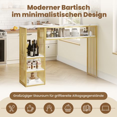 Table haute de bar rangement, 140x40x105 cm, plateau MDF effet marbre, 3 étagères, structure métal doré, comptoir cuisine pour salle à manger et coin repas. (1/5)