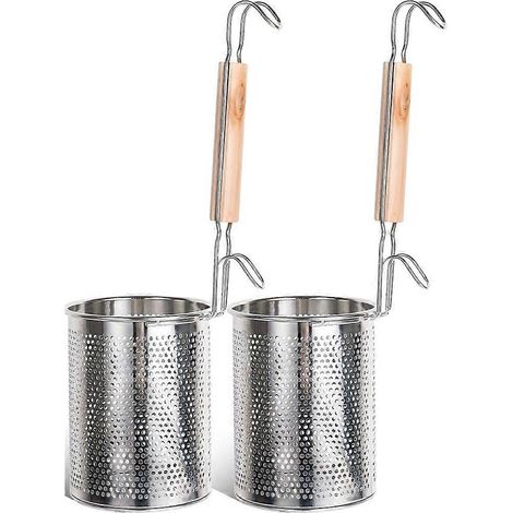 Lot de 2 paniers à pâtes, passoire à nouilles en acier inoxydable avec poignée en bois, pour faire bouillir des aliments, des pâtes, des nouilles (1/5)