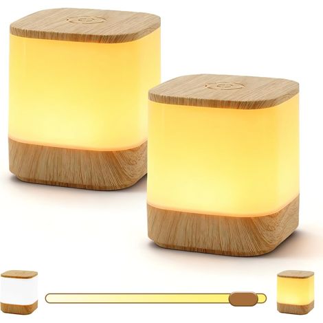 Jeu de 2 lampes LED pour table de chevet, lampe de table tactile réglable, rechargeable par USB, lampe de nuit sans fil avec 3 températures de couleur, veilleuse LED pour bébé, veine de bois (1/5)